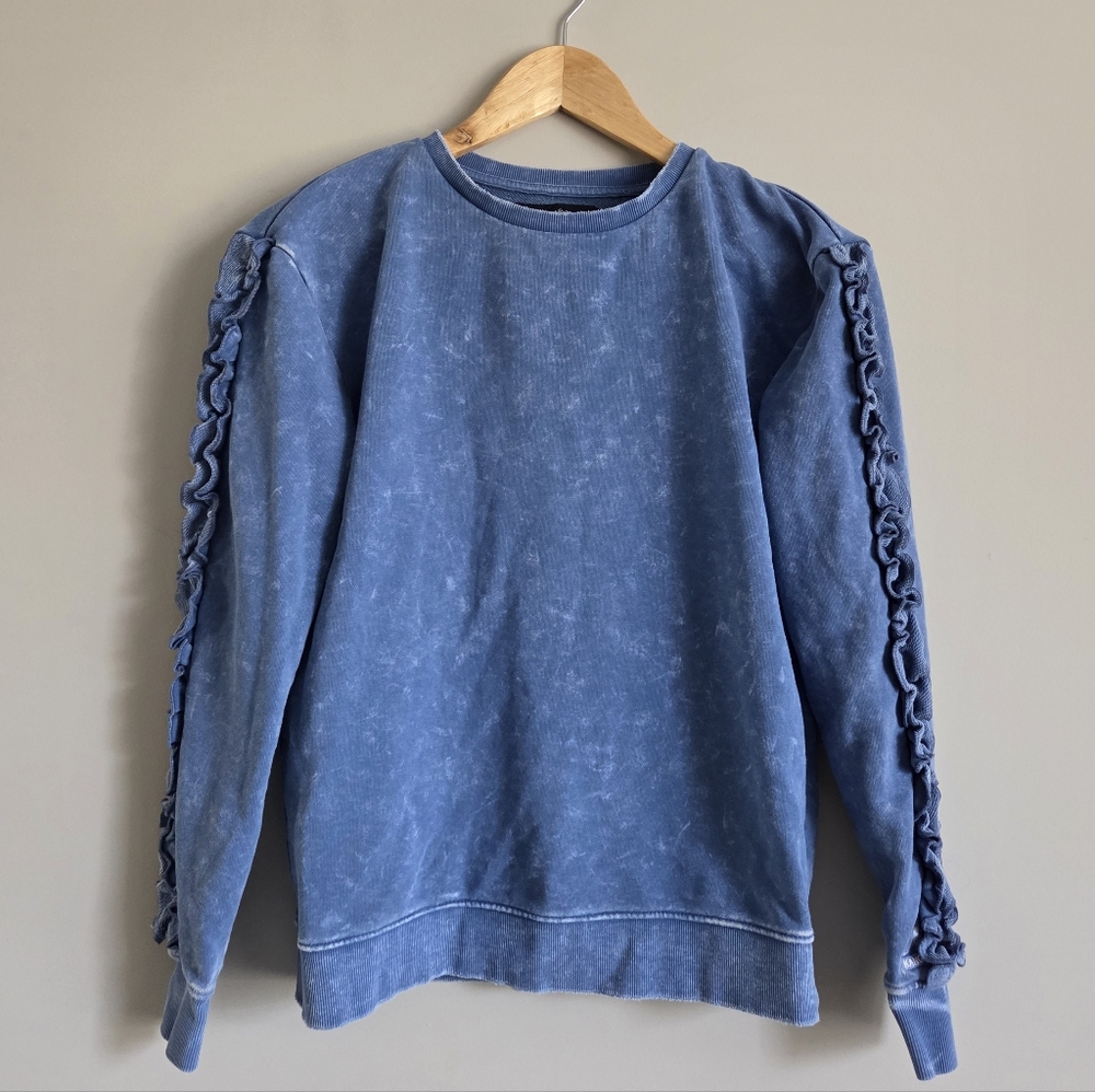 Kangol Blue Acid Wash Ruffle Long Sleeve Sweatshirt Crewneck Shirt XS